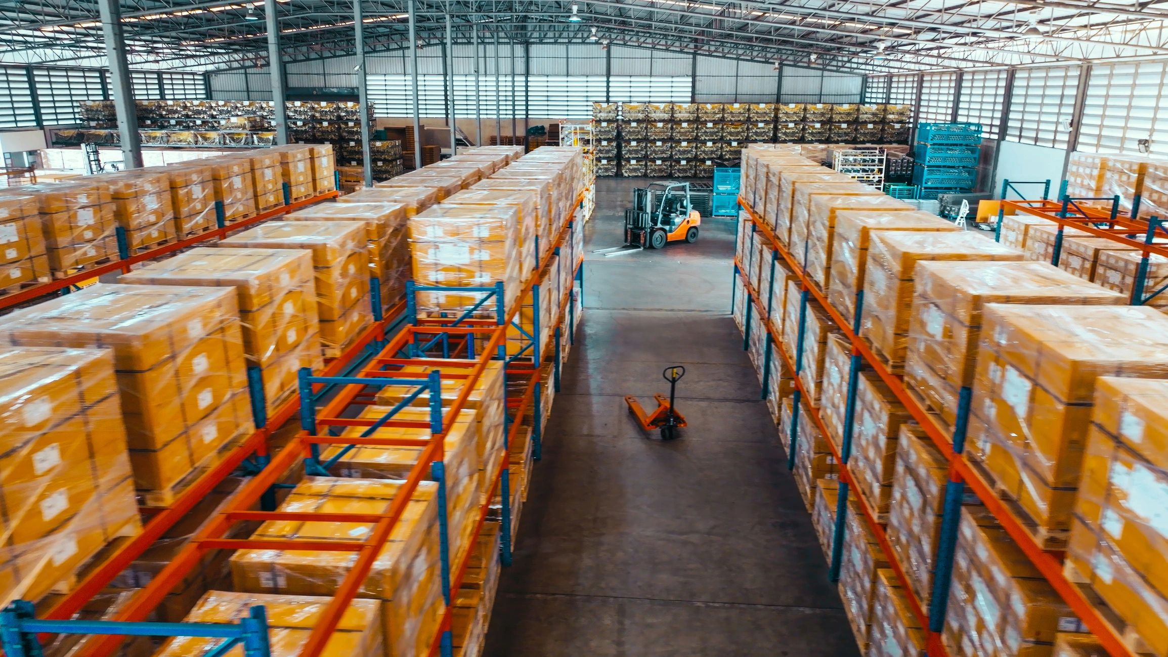 Warehouse distribution shelves and packaged goods