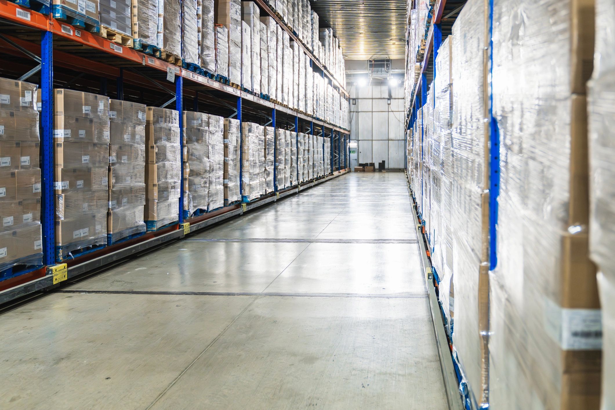 Cold storage logistics warehouse with boxes on pallets